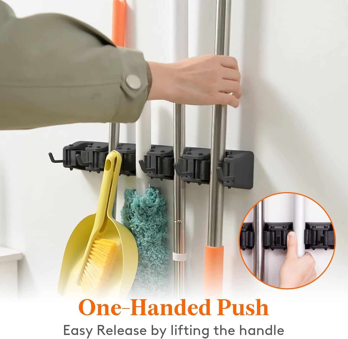 Lifewit Mop and Broom Holder Organzier Wall Hanging Mount, Black, 1 Pack | Anti-Slip Broom Storage for Cleaning Organizer, Easy Install Tool Hanging Rack with 5 slots & 6 hooks for Kitchen, Garage