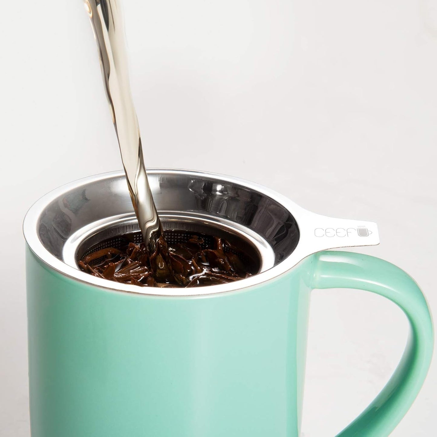 CEEFU 16oz Porcelain Tea Mug with Infuser, Lid and Coaster | Teaware with Filter, Loose Leaf Tea Cup Steeper Maker, Tea/Coffee/Milk/Women/Office/Home/Gift, Navy Blue