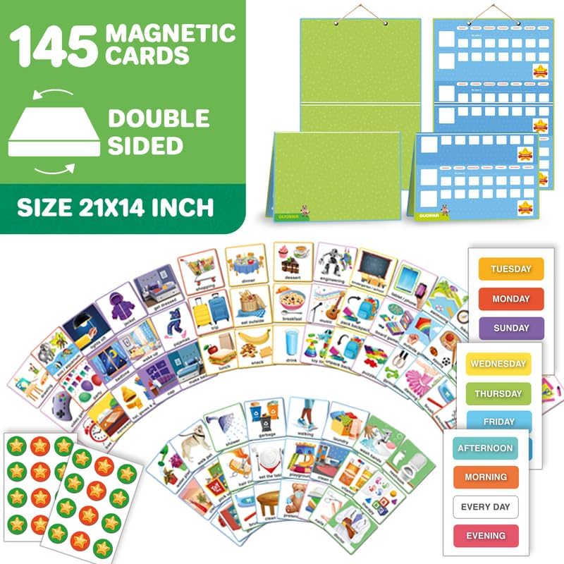 Magnetic Chore Chart for Kids - Reward Behavior Chart for Kids at Home | Dry Erase Morning Routine Schedule Board - Responsibility Star Chart for Toddlers 3-5 - 48 Magnets and 49 Stars