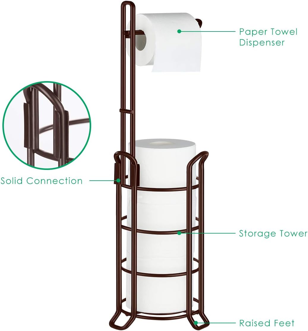 TomCare Toilet Paper Holder Free Standing with Shelf, Stable 4 Raised Feet | Stores 4 Mega Rolls, Tool-Free Assembly, Powder-Coated Metal Frame, Bathroom Storage Organizer for Spare Rolls, Silver