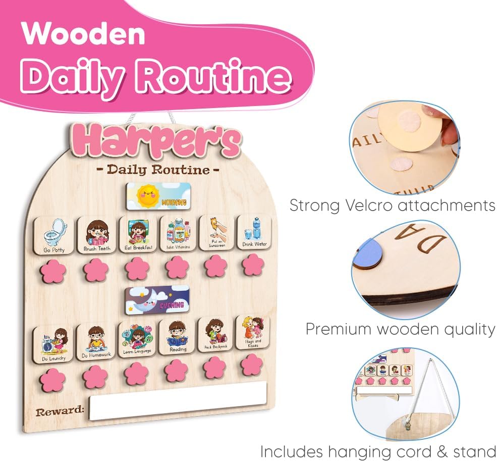 Wooden Daily Routine for Kids, Chore Chart for Toddler, Daily Responsibilities for Kids, Visual Schedule, Morning Bedtime Routine for Girls