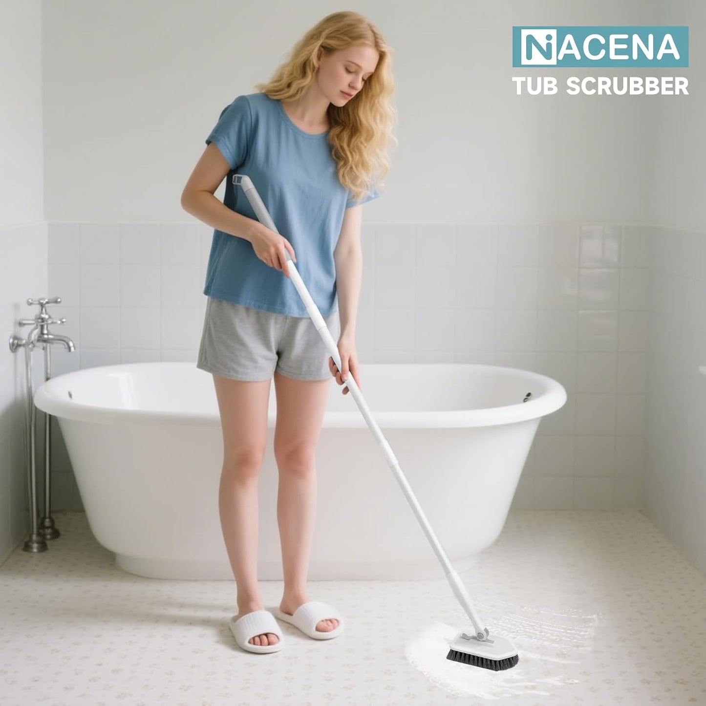 nacena Shower Scrubber with Long Handle, 4 in 1 Tile Tub Scrubber Brush with 3 Detachable Cleaning Heads and V-Shaped Grout Brush Shower Cleaner Brush for Bathroom Kitchen Toilet Tub Sink Wall, Black