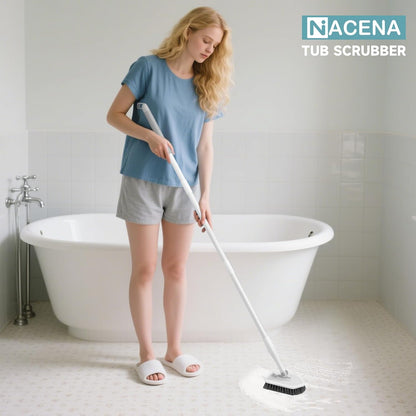 nacena Shower Scrubber with Long Handle, 4 in 1 Tile Tub Scrubber Brush with 3 Detachable Cleaning Heads and V-Shaped Grout Brush Shower Cleaner Brush for Bathroom Kitchen Toilet Tub Sink Wall, Black