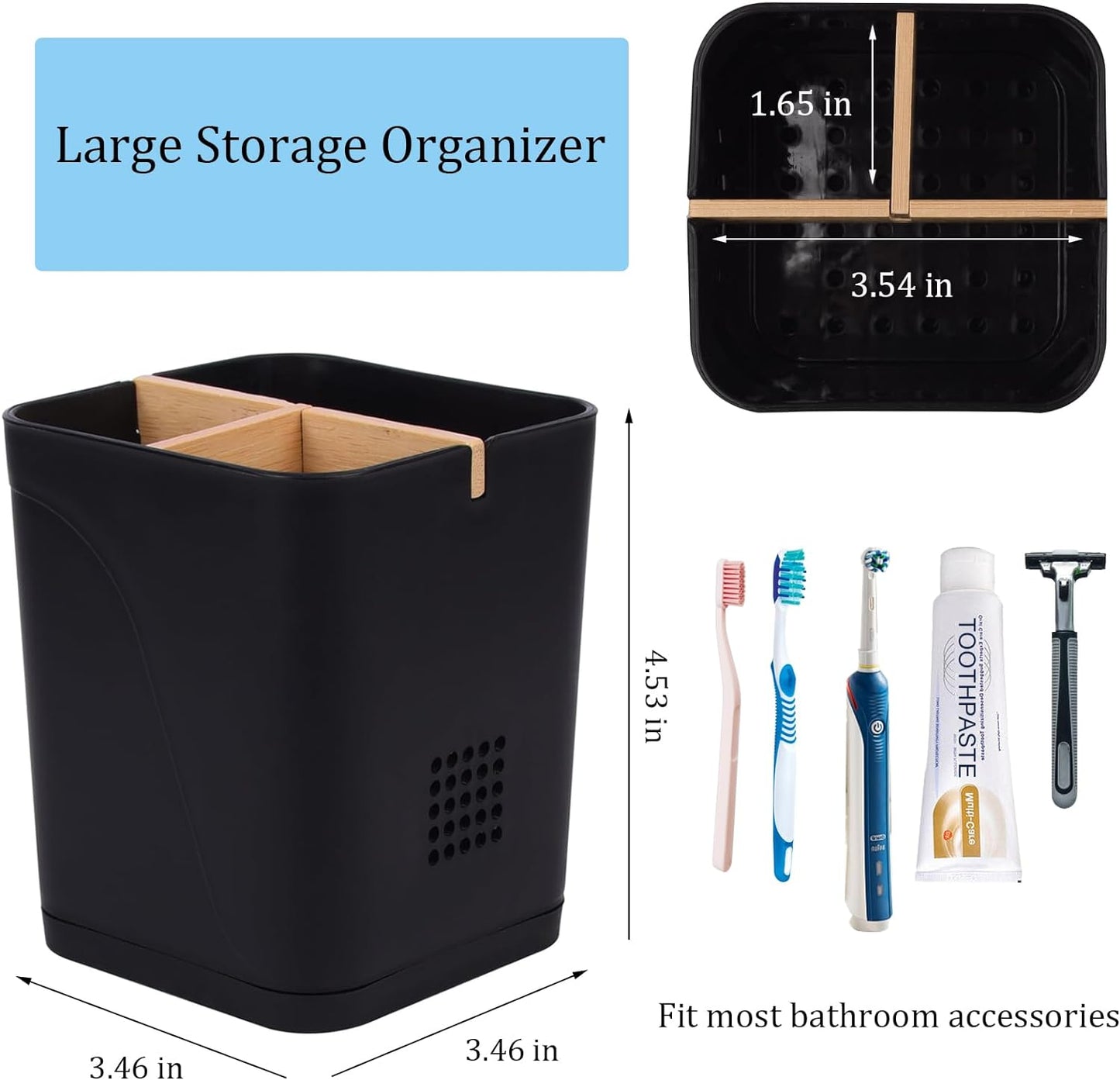 Electric Toothbrush Holder Tooth Brush and Toothpaste Organizer, Black | 3 Slots, Drainage Holes, Removable Bamboo Divider, Ventilation Design, Space-Saving, for Bathroom Countertop, Shower, Vanity