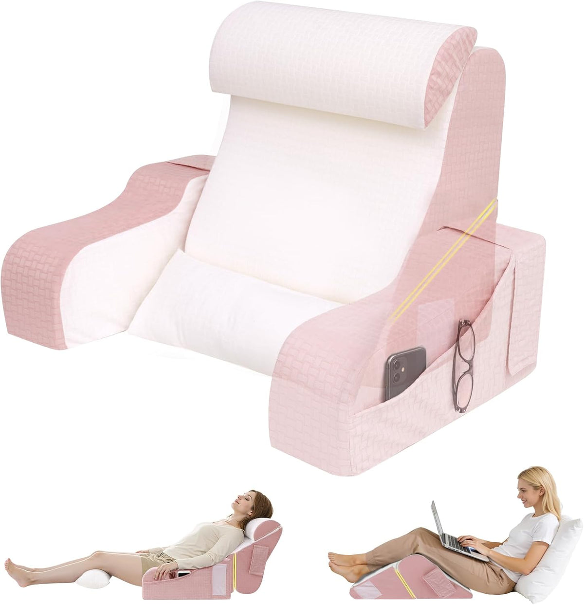Foldable Reading Pillow for Sitting in Bed Adult, White/Grey, 19"