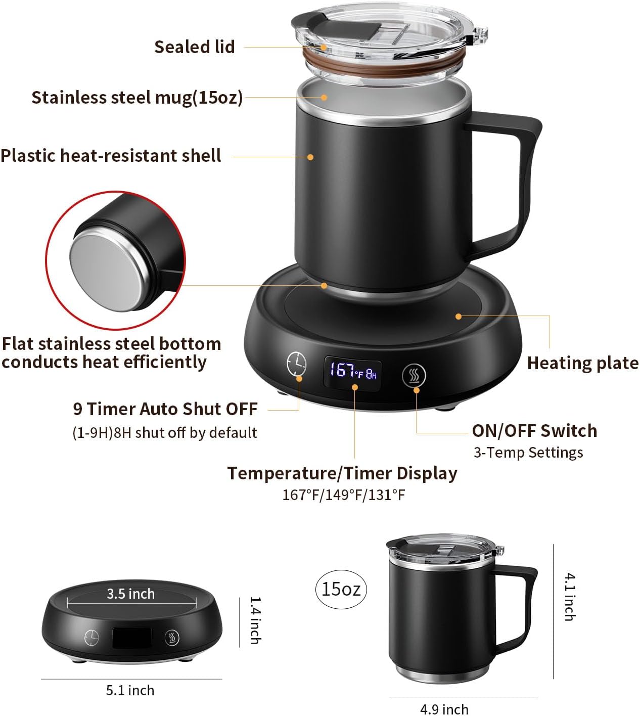 Coffee Mug Warmer + Mug Set, Cup Warmer for Desk, Candle Warmer with Timer | Electric Beverage Milk Tea Hot Drinks Warmer, 4 Temp Setting, 8H Auto Shut off Timer, Home Office Birthday Present