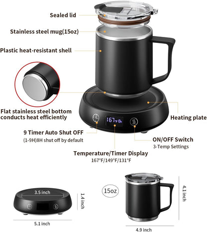 Coffee Mug Warmer + Mug Set, Cup Warmer for Desk, Candle Warmer with Timer | Electric Beverage Milk Tea Hot Drinks Warmer, 4 Temp Setting, 8H Auto Shut off Timer, Home Office Birthday Present
