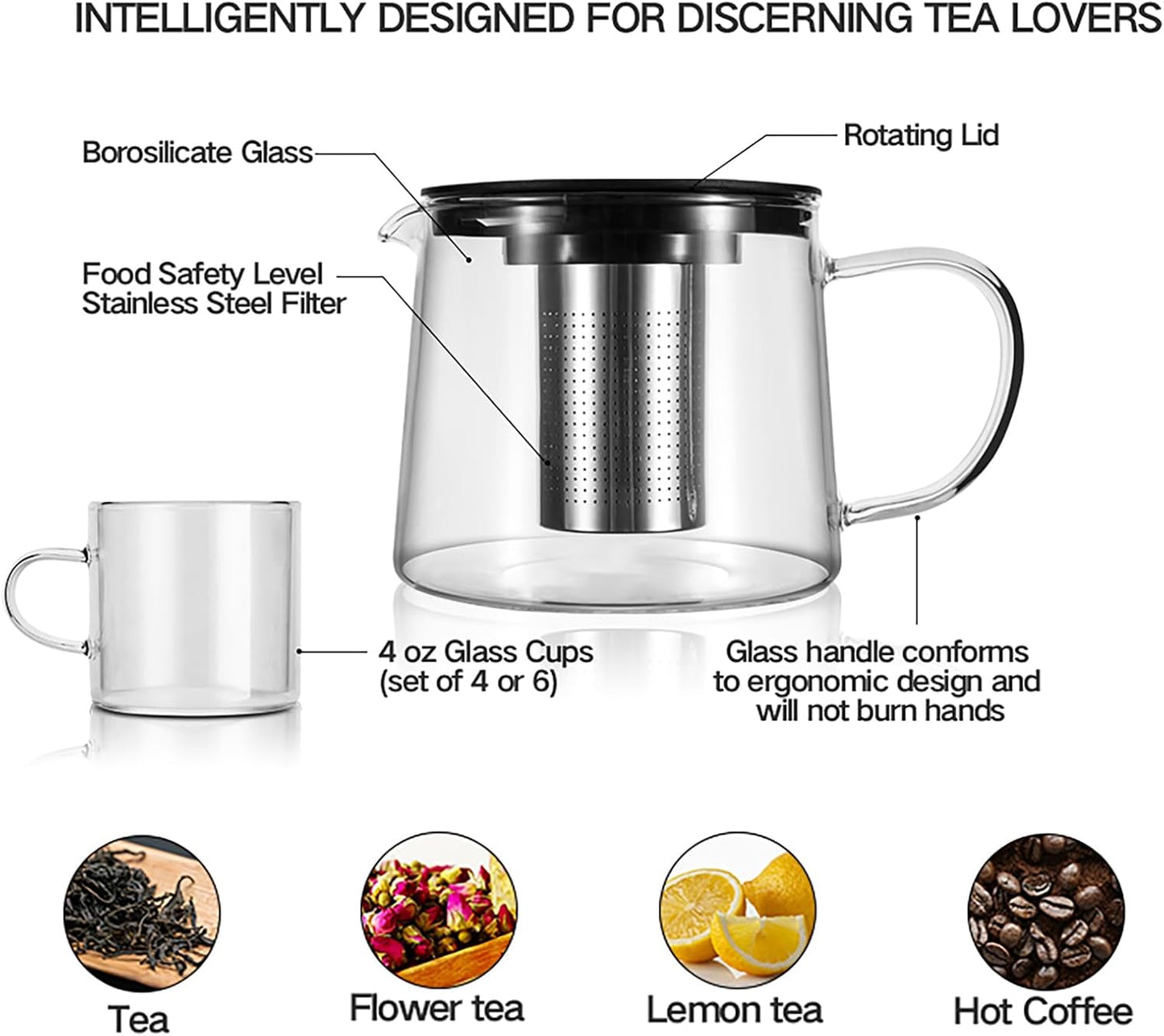 Glass Teapot 34oz/1000ml with Removable Stainless Steel Infuser Tea pot, Heatproof Borosilicate Glass Tea Make, Stovetop Safe Glass Tea Kettle for Loose and Blooming Leaf Tea
