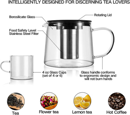 Glass Teapot 34oz/1000ml with Removable Stainless Steel Infuser Tea pot, Heatproof Borosilicate Glass Tea Make, Stovetop Safe Glass Tea Kettle for Loose and Blooming Leaf Tea