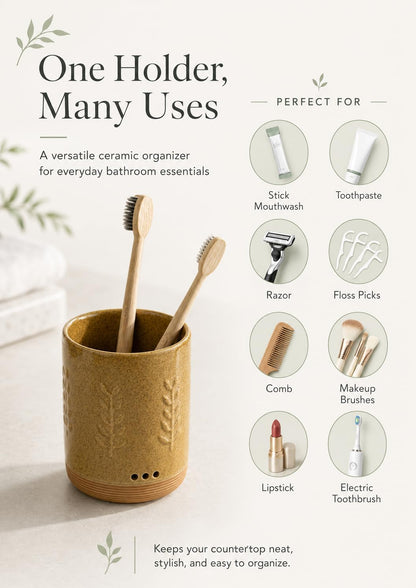 LYEOBOH Ceramic Toothbrush Cup, Cute Toothbrush Holder with Drainage White | Farmhouse Toothbrush Container, Countertop Toothbrush Organizer, Toothbrush Storage for Bathroom Vanity & Countertop
