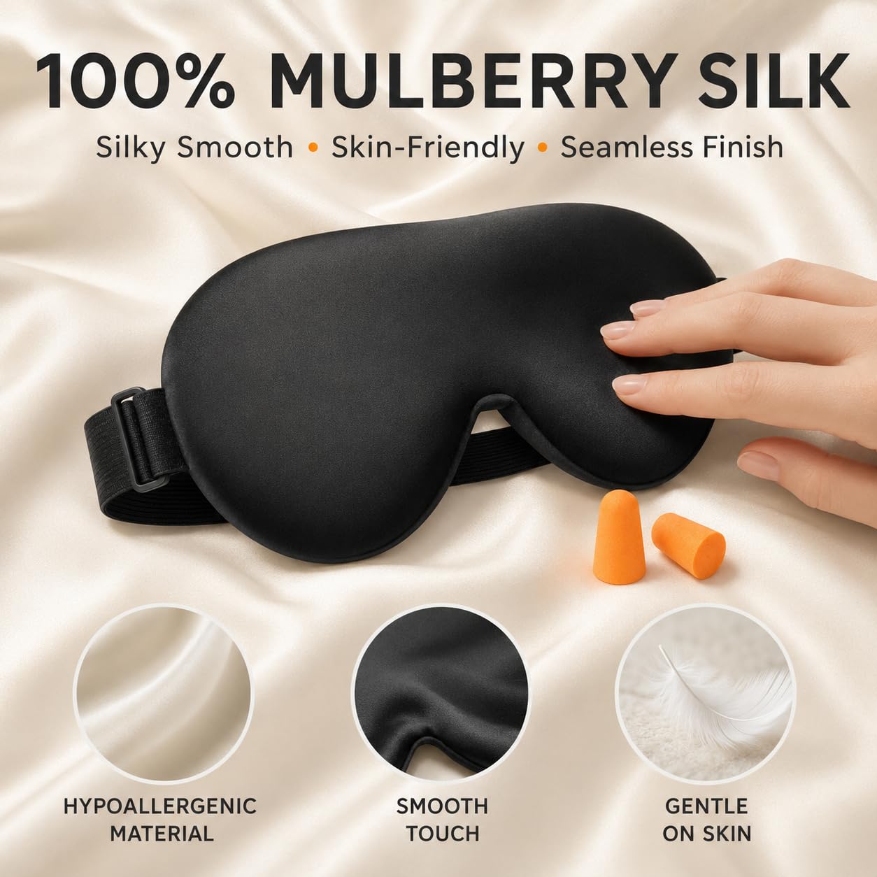 Silk Sleep Mask with Cooling Gel | Pure Mulberry Silk, Adjustable Strap, Superior Light Blocking, Includes Removable Ice Pack & Earplugs
