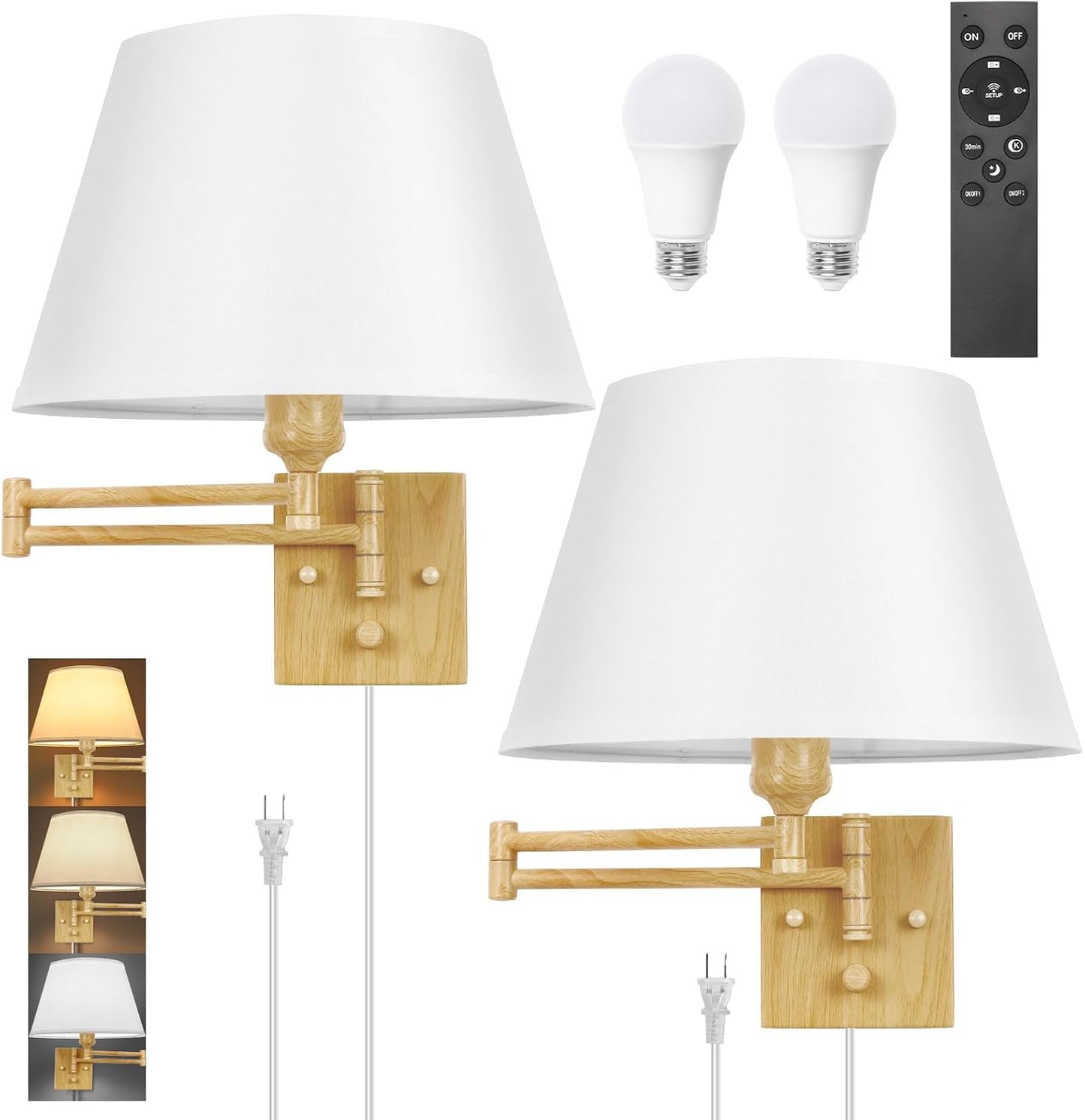 TRLIFE Wall Sconce Plug in, Dimmable Wall Sconces Set of Two Swing Arm Wall Lights with Plug in Cord and On/Off Dimmer Rotary Switch, 9.4" Medium Beige Fabric Shade(2 Pack, 2 Bulbs)