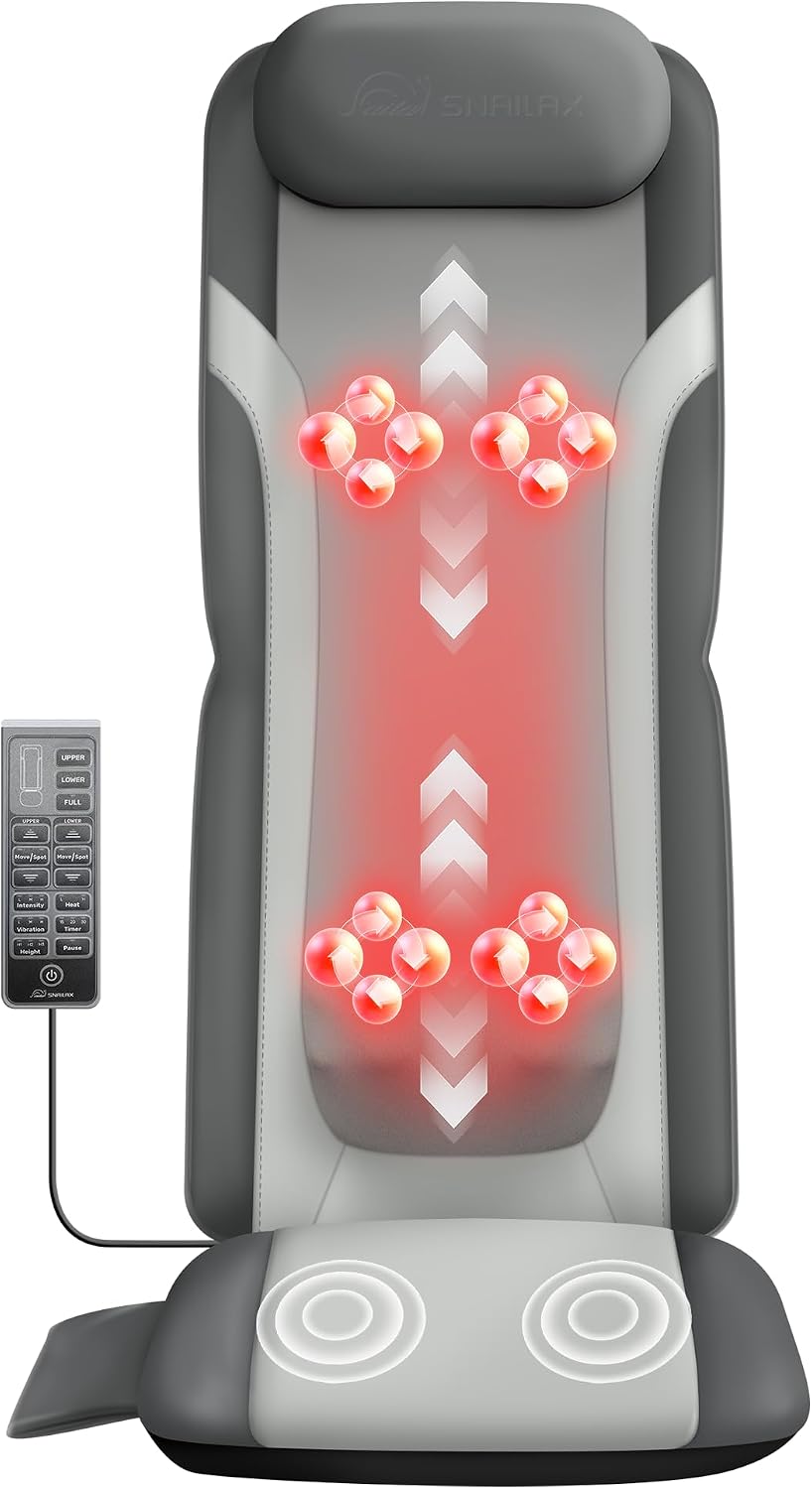 Snailax Shiatsu Back Massager with Heat, Deep Kneading Massage Chair Pad for Neck, Shoulders, Full Back & Waist, Adjustable Roller Massage Seat Cushion for Home Office, Pain Relief, Gift for Men Women