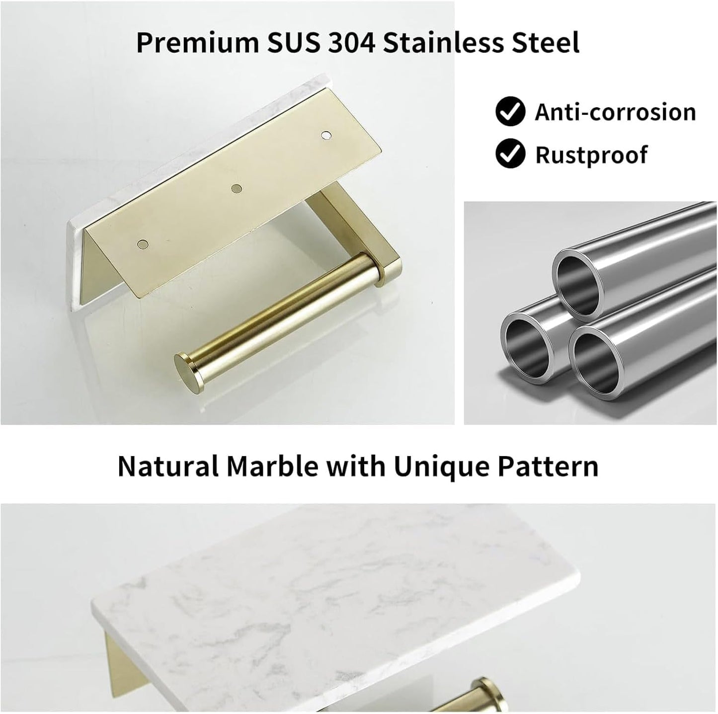 BWE Brushed Gold Toilet Paper Holder with Marble Shelf Wall Mounted | Toilet Paper Roll Holder with Phone Shelf 304 Stainless Steel Tissue Holder for Bathroom Washroom,Saving Space