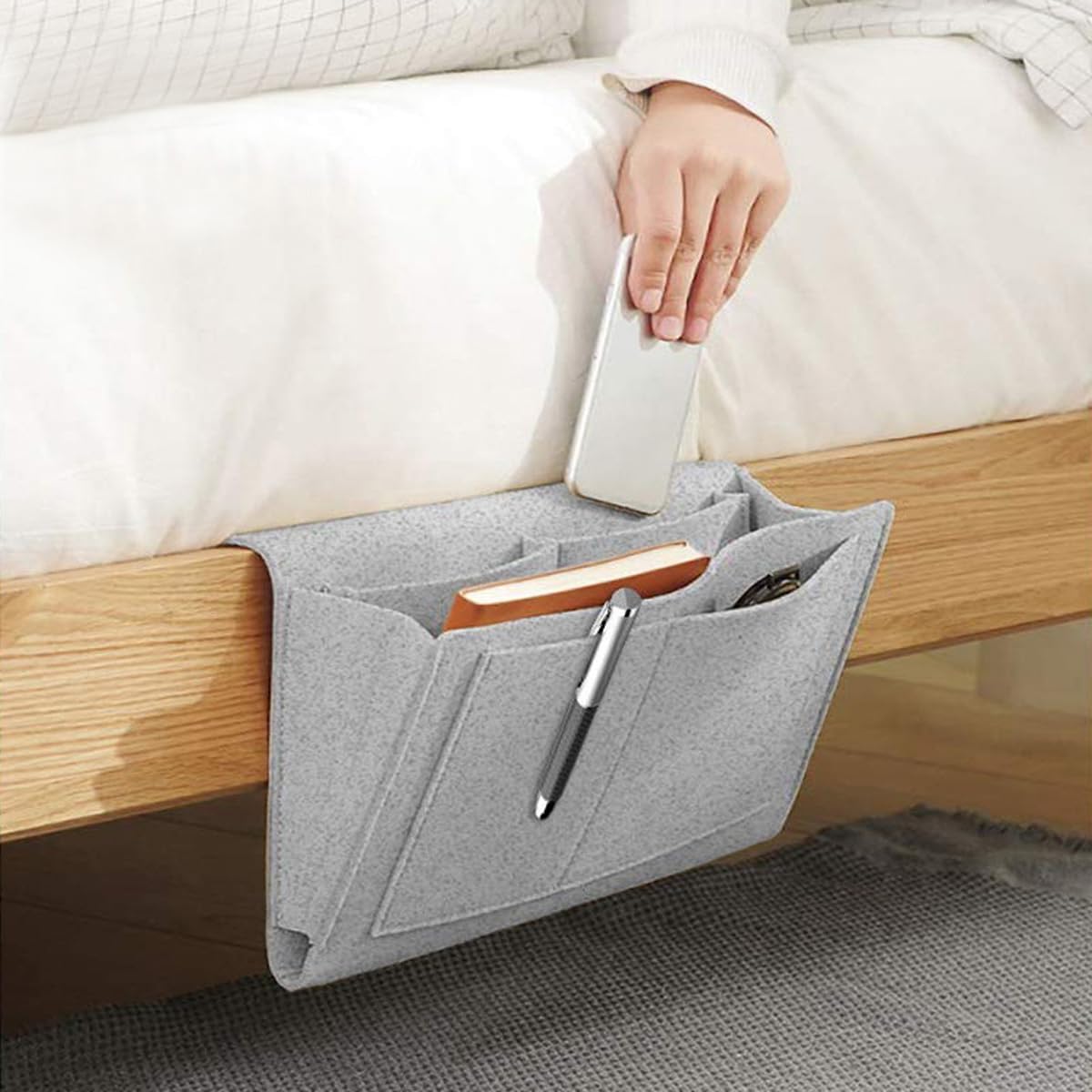 Bringsine 5 Pockets Bedside Caddy, Felt Bed Storage Organizer Hanging Bag Holder for Magazine Book Phone Tablet iPad Cables Remote and Glasses Holder Home Dorm Bed Sofa-Black