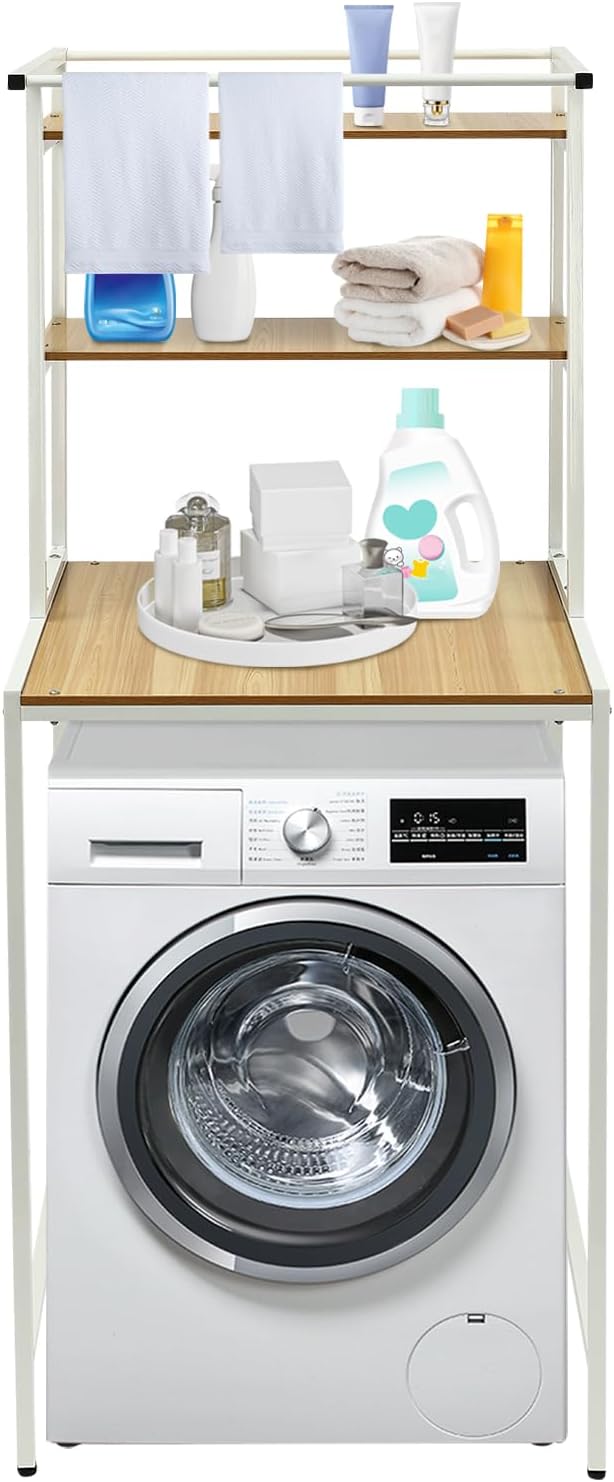 Washer and Dryer Storage Rack, 3 Tier Over The Washer and Dryer Storage Shelf, Bathroom Space Saving Organizer Shelves Space Saver Standing Rack for Bathrooms, Laundry Rooms (White+ Log)