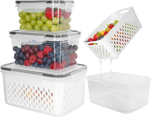 Grape Container for Fridge,3PCS(0.9-13.5Qt) | Leakproof Grape Container with Removable Colander,Dishwasher&Microwave Safe,Keep Fruits, Vegetables, Meat Fresh Longer