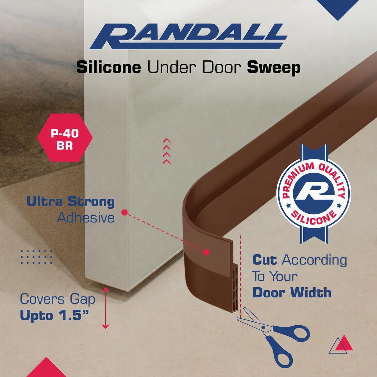 Adhesive Backed Door Draft Stopper – Silicone Under Door Sweep for Interior & Exterior Doors, Noise & Air Insulation, Self Stick Weather Stripping Door Seal, 2" W x 39" L (White) by Randall Mfg