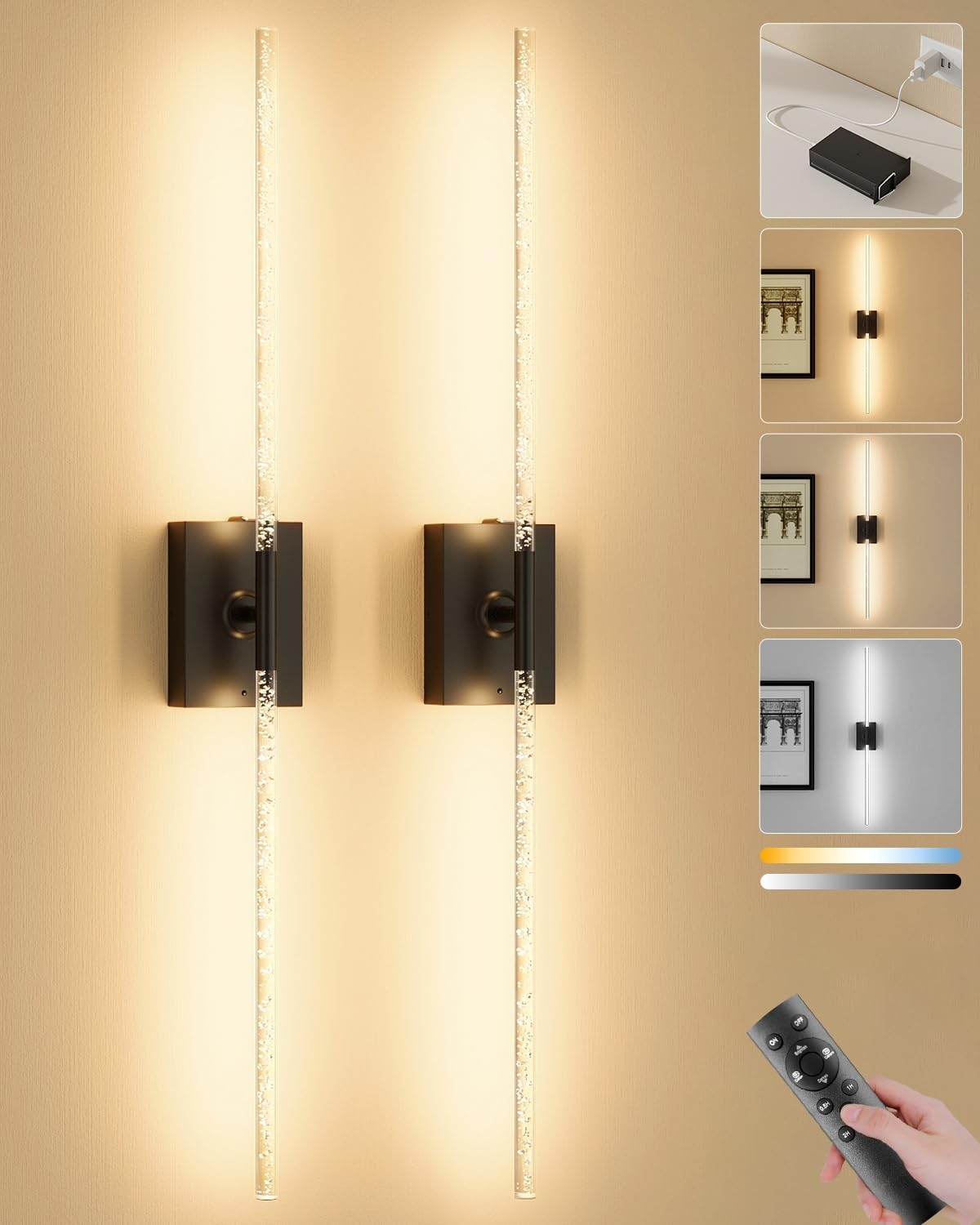 Battery Operated Wall Sconces Set of 2, Remote Control, 10000mAh, Black