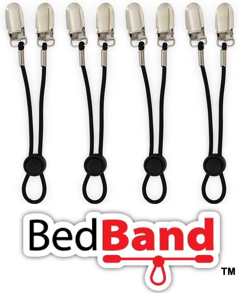 Bed Band Not Made in China. 100% USA Worker Assembled.. Bed Sheet Holder, Gripper, Suspender and Strap. Smooth any Sheets on any Bed. Sleep Better. Patented.,Black,1 Pack (4 Bands)