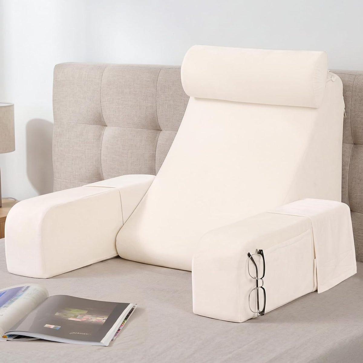 ENITYA 21" Reading Pillow for Bed with Firm Back Support & Big Pockets