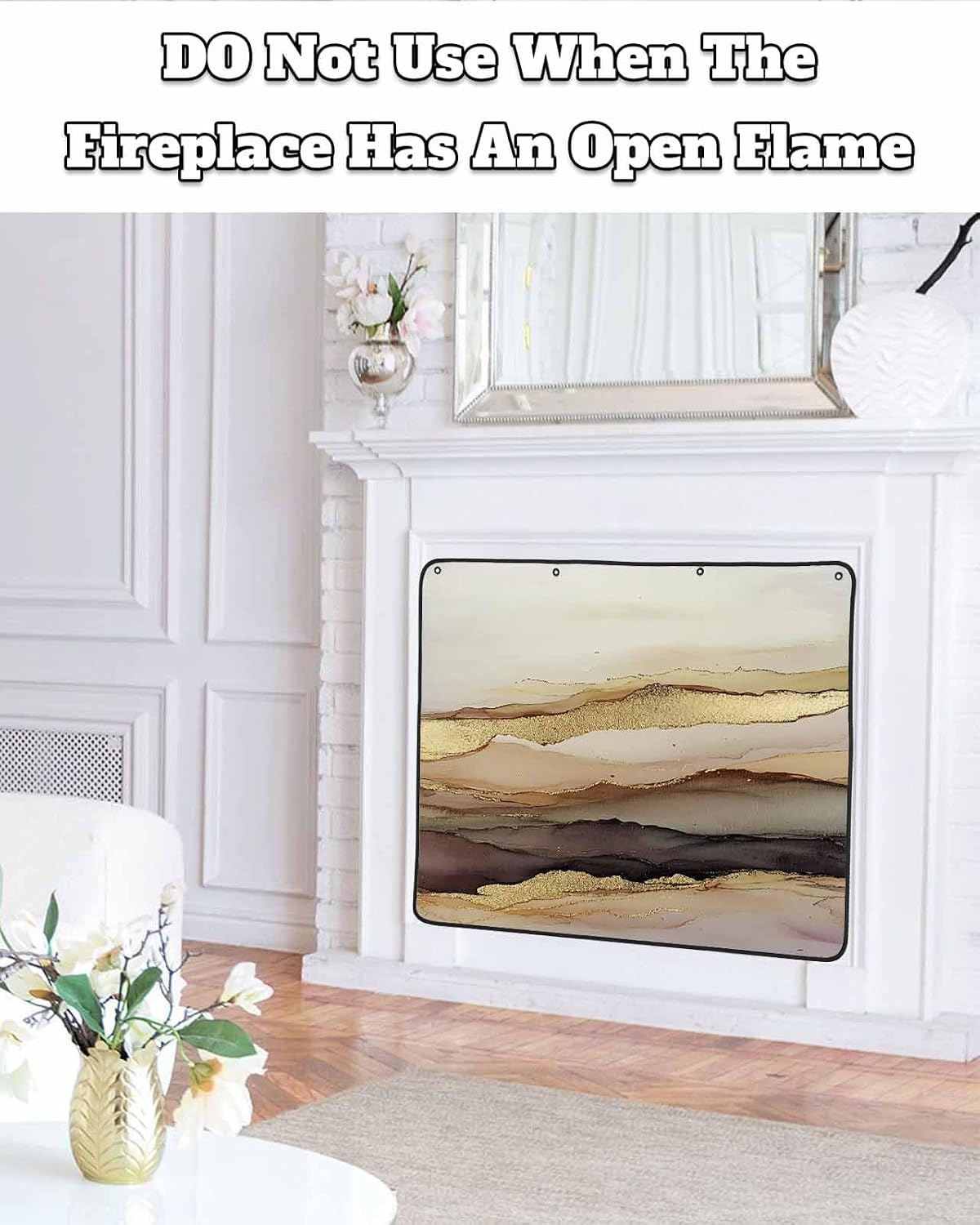 Marble Brown Gold Magnetic Fireplace Cover, Fireplace Draft Blocker, Abstract Watercolor Geometric Rock Fireplaces Blanket for Heat Loss/Cold Air, Fireplaces Draft Stopper Cover for Inside 39''x32''
