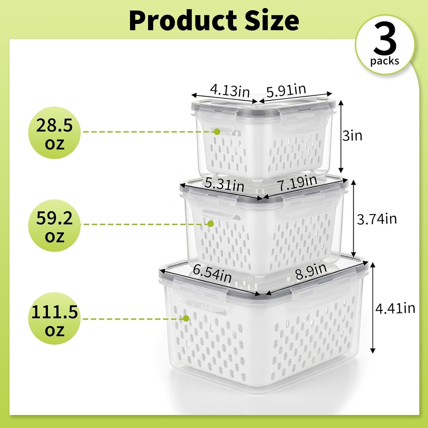 Fruit Storage Containers for Fridge, Grape Organizers with Removable Colander, 3-Pack No-Leak Design, Durable and Easy to Clean, Keeps Grapes Fresh, Perfect for Fridge Storage and Organization