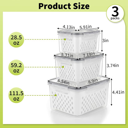 Fruit Storage Containers for Fridge, Grape Organizers with Removable Colander, 3-Pack No-Leak Design, Durable and Easy to Clean, Keeps Grapes Fresh, Perfect for Fridge Storage and Organization
