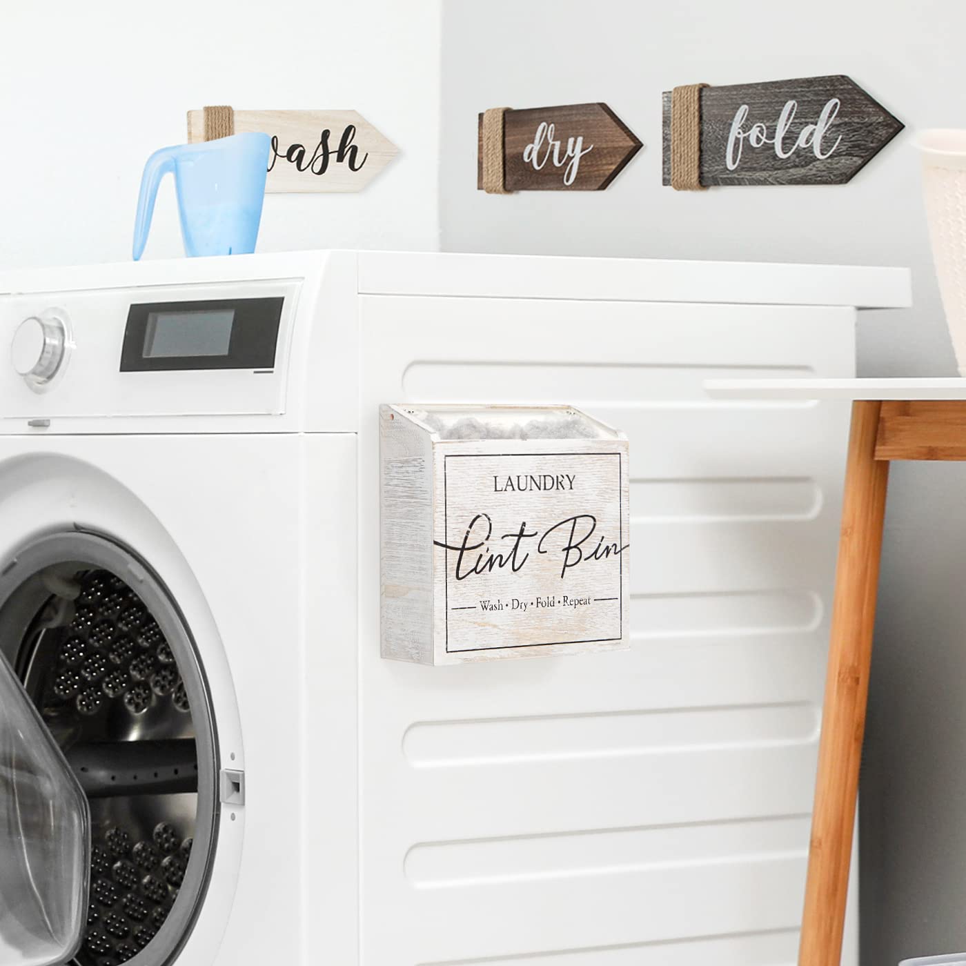 J JACKCUBE DESIGN Magnetic Lint Bin for Laundry Room, Lint Basket Container, Trash Can Box, Organizer, Storage for Washer and Dryer Supplies- White Washed Rustic Wood Wall Mount- MK904A