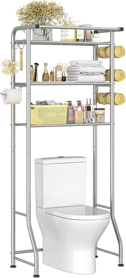 Simple Trending Over The Toilet Storage Cabinet, Metal Bathroom Shelf Organizer with Paper Holder and Hooks, 3 Tier, Black