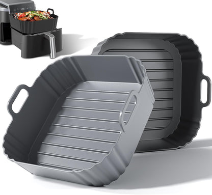 Silicone Air Fryer Liners 2 Pack, Reusable Compatible for Ninja Foodi DZ201, DZ401, DZ550, DZ302, COSORI 9QT, Chefman, Instant, and 6-in-1 8-10QT Dual Baskets