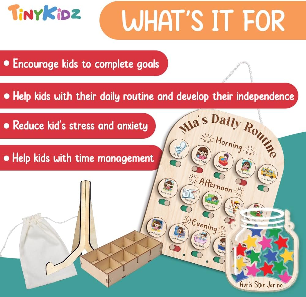 Daily Routine Chart for Kids, Visual Schedule, Routine Chart for Toddlers 3-5, Morning Bedtime Routine Chart for Toddlers, Wooden Chore Chart for Kids