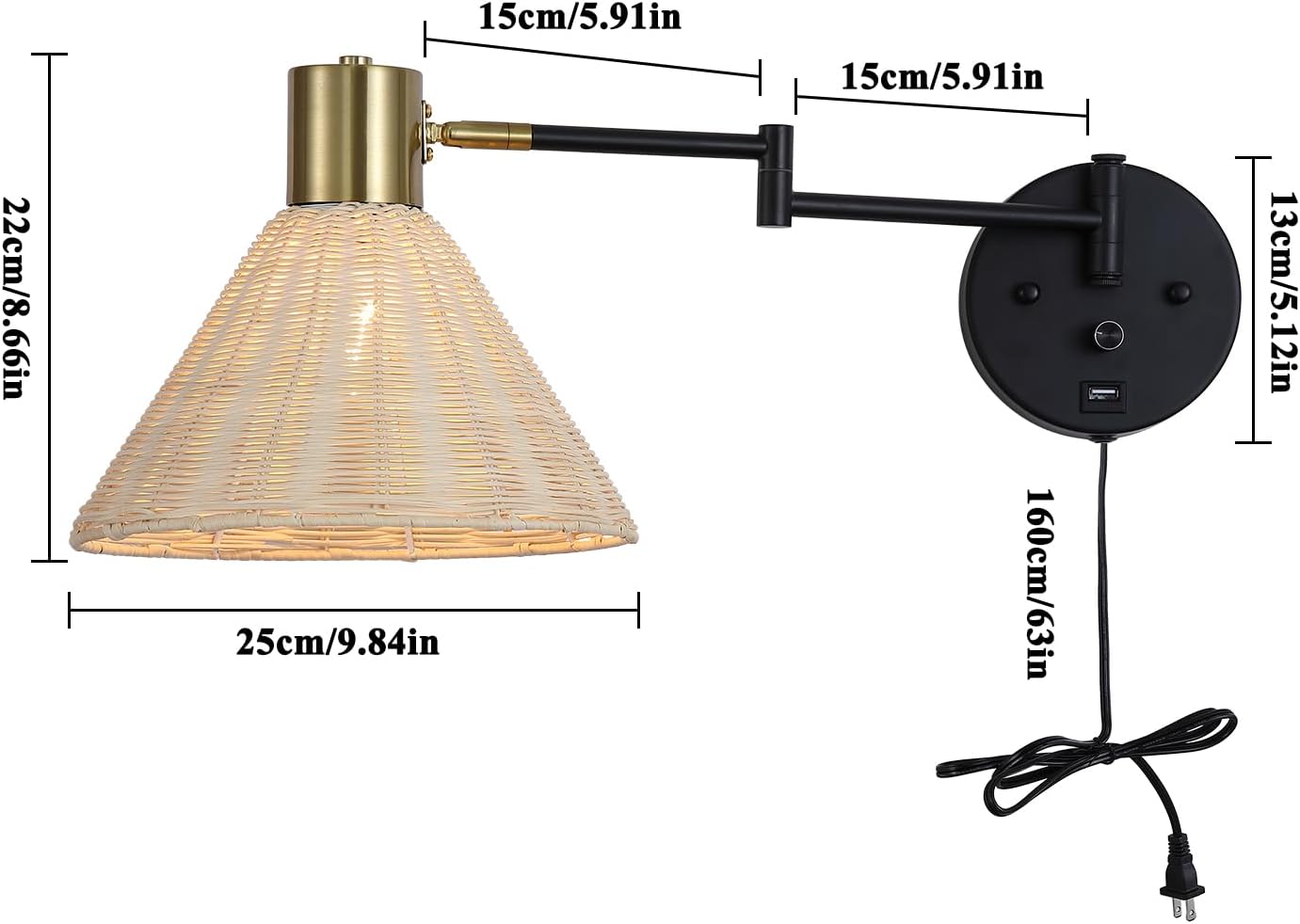 Wall Mounted Lamp Plug in Wall Sconce with Dimmable Switch Swing Arm Wall Lamp Whire Fabric Shade with USB Port Gold Wall Sconce Suitable for Hallway Bedroom Living Room…