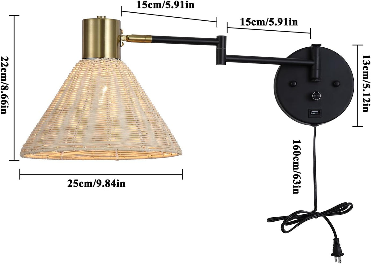 Wall Mounted Lamp Plug in Wall Sconce with Dimmable Switch Swing Arm Wall Lamp Whire Fabric Shade with USB Port Gold Wall Sconce Suitable for Hallway Bedroom Living Room…