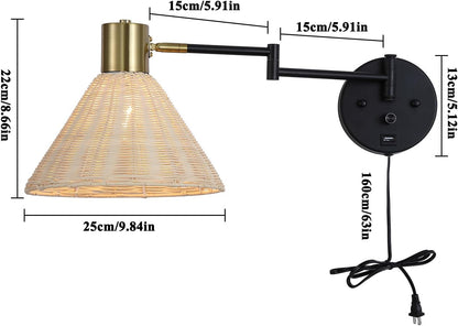 Wall Mounted Lamp Plug in Wall Sconce with Dimmable Switch Swing Arm Wall Lamp Whire Fabric Shade with USB Port Gold Wall Sconce Suitable for Hallway Bedroom Living Room…