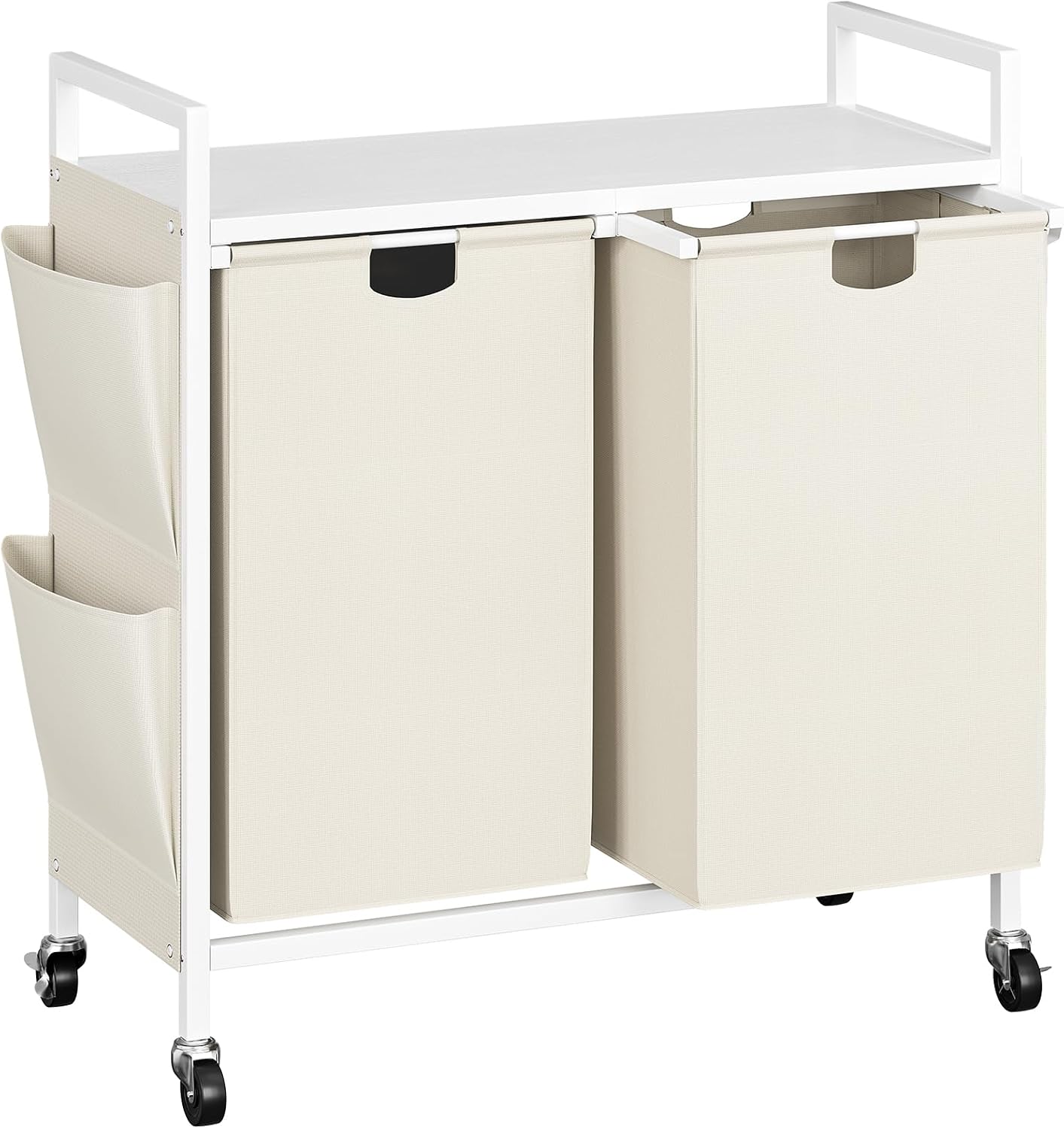 WOWLIVE Double Laundry Hamper with Wheels, Rolling Laundry Basket Organizer | Laundry Hamper 2 section with Lid, Iron-Made Laundry Sorter with Shelf, Removable Bags, Large Clothes Storage, White