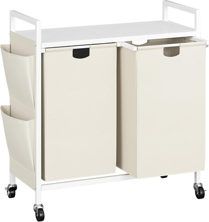 WOWLIVE Double Laundry Hamper with Wheels, Rolling Laundry Basket Organizer | Laundry Hamper 2 section with Lid, Iron-Made Laundry Sorter with Shelf, Removable Bags, Large Clothes Storage, White