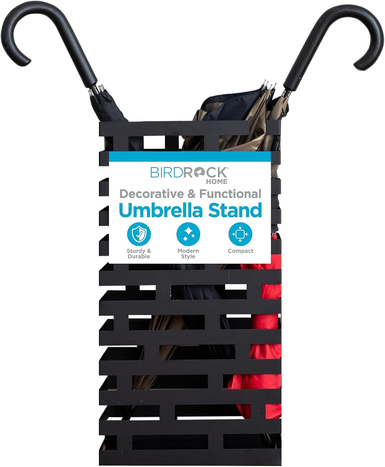 BIRDROCK HOME Decorative Umbrella Stand with Removable Water Tray - Large Freestanding Umbrella Rack and Cane Walking Stick Organizer - Metal Umbrella Holder for Entryway & Indoor Use - Black, Striped | Decorative Large Freestanding Rack and Cane Walking