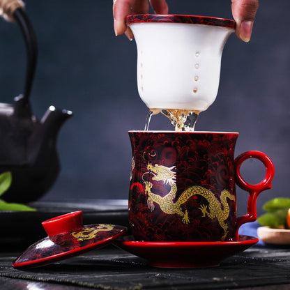Porcelain Tea Cup with Infuser Lid and Saucer Sets - Chinese Jingdezhen Ceramics Coffee Mug Teacup Loose Leaf Tea Brewing System for Home Office