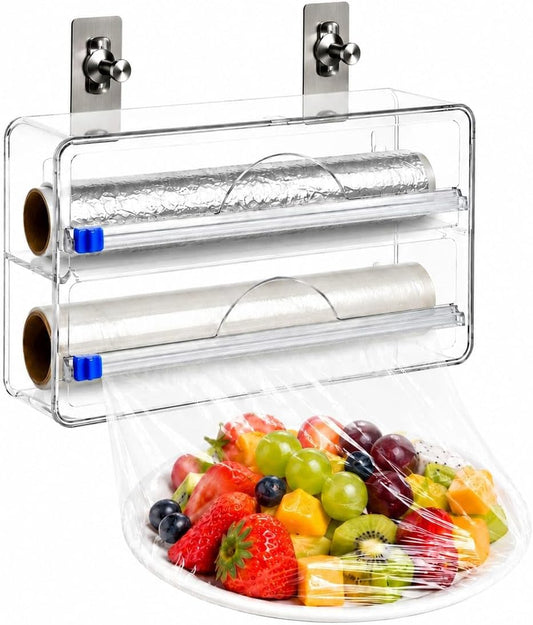 2in1 Plastic Wrap Dispenser with Cutter, Wall Mounted Plastic Wrap Dispenser with 2 Adhesive Hooks, 12 inch Clear Foil Dispenser with Cutter for Foil, Cling Wrap & Wax Paper for Easy Storage
