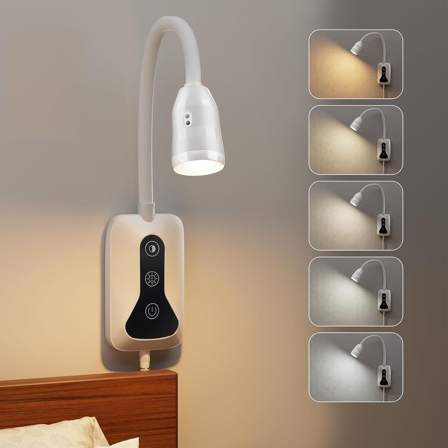 Wall Mounted LED Reading Light for Bed Headboard - 5 Color & Brightness Levels Dimmable Book Light with Touch/Wave Control, USB Output - Night Reading Lamp for Books in Bed