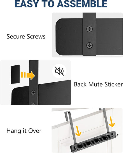 Lorbro Broom Holder Door Mount, Wood Over the Door Broom and Mop Holder | 4 Slots 4 Hooks, No Drill Setup, EVA Protection Pads, Secure Grip, Laundry Garage Closet Kitchen Use, White