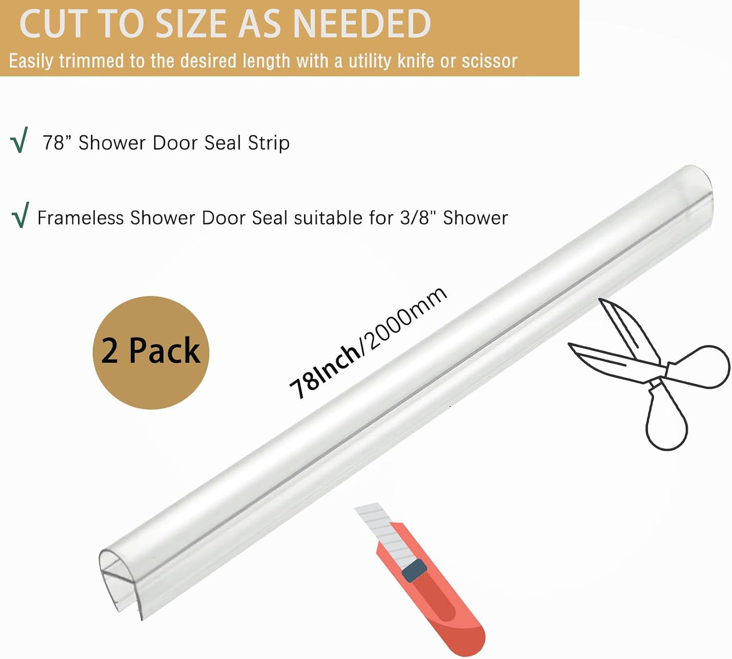 2-Pack 5/16" x 39" Shower Door Bottom Seal Strip, Shower Door Sweep | Frameless Glass Door Seal Strip, Stop Shower Leaks for 5/16" (8mm) Thick Glass