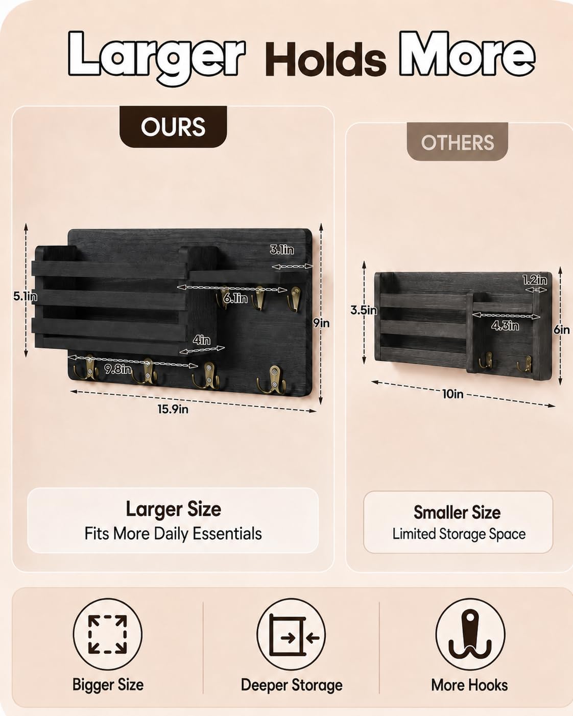 Key Holder Wall Mount with Mail Organizer, 16" L x 5" W x 9.1" H Oversized Keys Hanger Rack with Shelf and 7 Hooks, Wood Wall Organizer for Wallet, Dog Lesh (Brown)