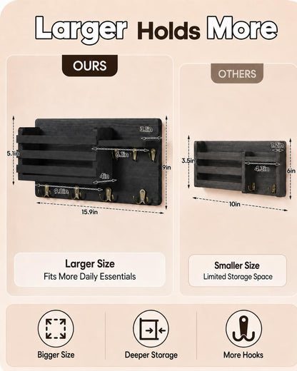 Key Holder Wall Mount with Mail Organizer, 16" L x 5" W x 9.1" H Oversized Keys Hanger Rack with Shelf and 7 Hooks, Wood Wall Organizer for Wallet, Dog Lesh (Brown)