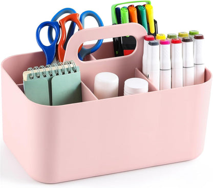 Multiuse Caddy Organizer with Handle, Portable Divided Plastic Tote Bin - Art Craft, Stationary Pen Marker Crayons, Makeup Hair Supplies Storage - Bathroom, Classroom, Dorm, Office, Desk Holder - Grey