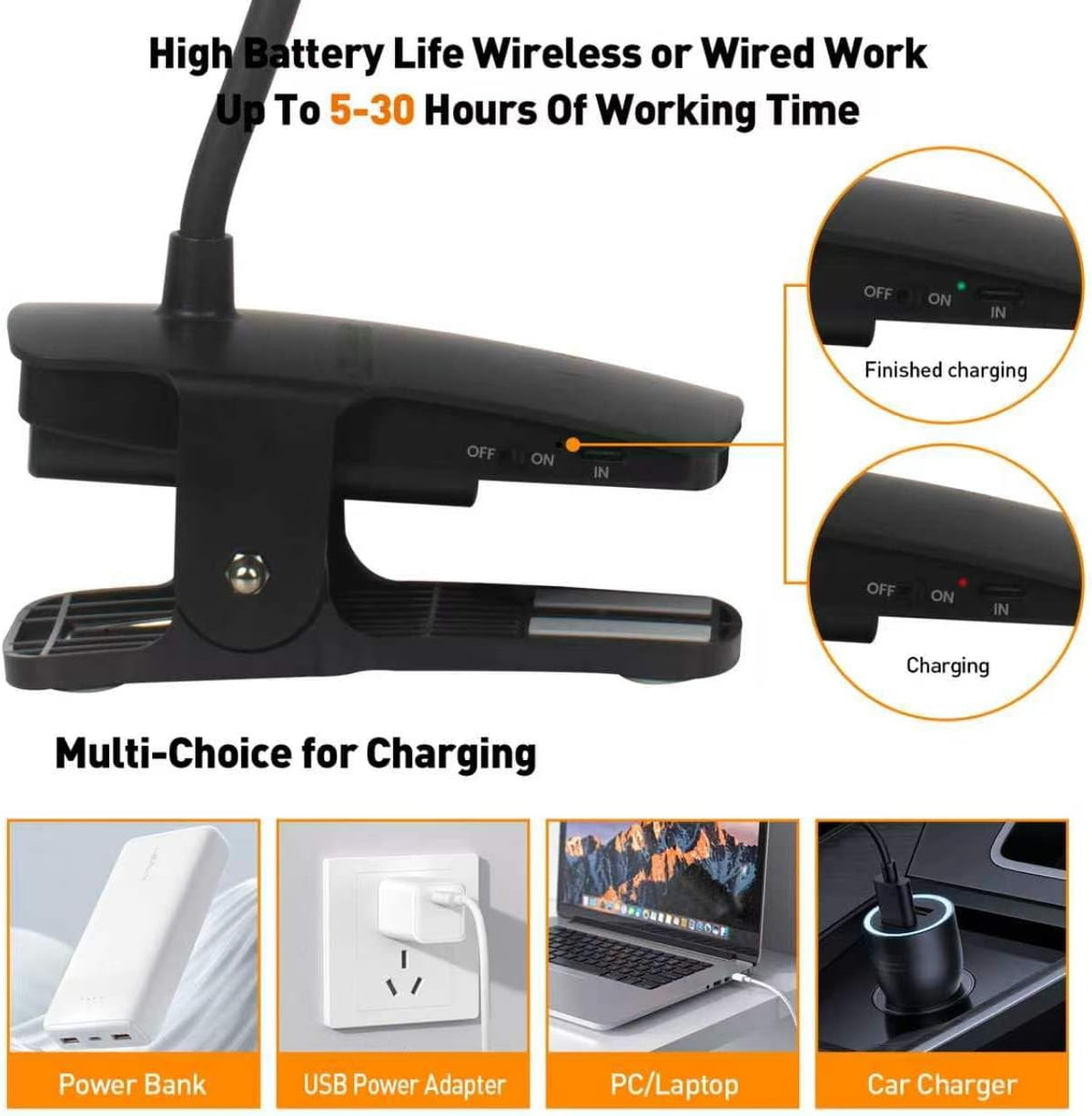 Cordless Rechargeable Clip On Desk Lamp Thick Flexible 360° Gooseneck