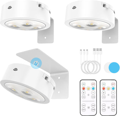3 Pack Picture Lights for Wall, Rechargeable Battery Operated wall lights, Picture Frame lights with 3 Lighting Modes, Wireless Magnetic Painting Light with Remote Control Timer (White, 3 Pack)