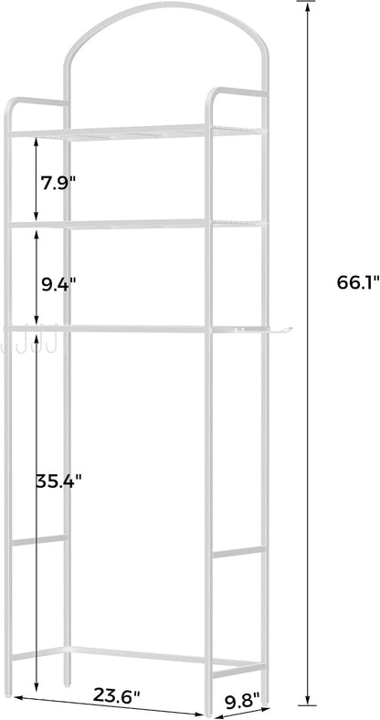 3 Tier Over The Toilet Storage Rack, Bathroom Organizer | Toilet Storage with 4 Hooks & Paper Holder, Space-Saving, Freestanding Bathroom Shelf, Metal, White