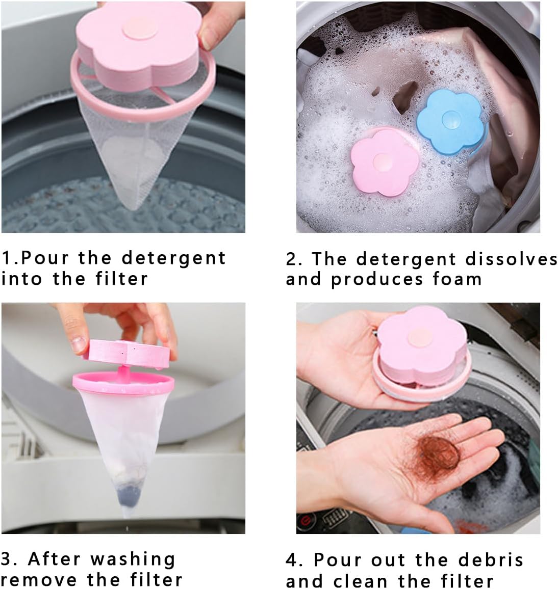 8 PCS Hair Filter Bag Floating Lint Catcher for Washing Machine Pet Hair Catcher Flowers Shape Lint Trap Cleaning Tool Reusable Washing Hair Filter Cleaning Mesh Bag Dog Cat Hair Remover for Laundry